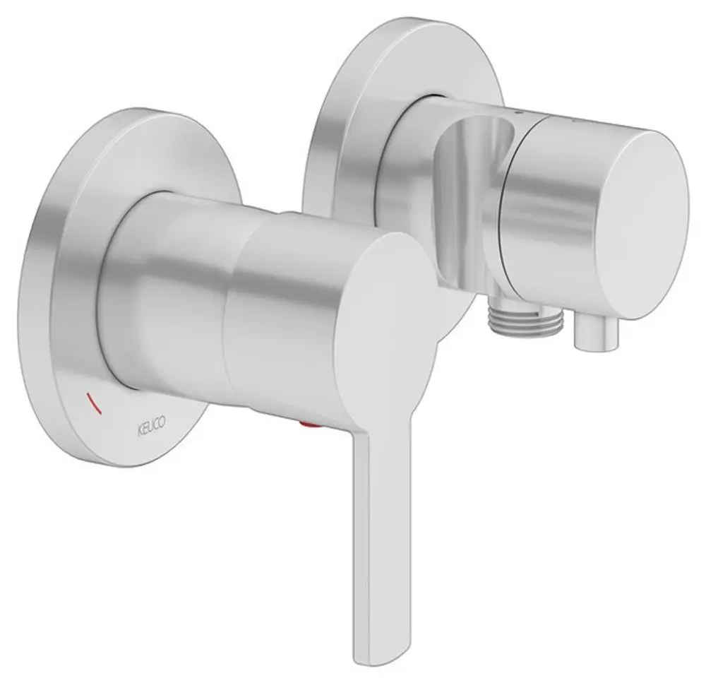 Wandmontiertes Mischbatterie-Set von Keuco mit zwei Reglern, einem Auslass für den Schlauch und einer klaren, modernen Metalloberfläche.